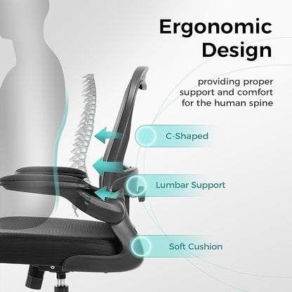 ALPHA HOME Office Chair Ergonomic, Mesh Computer Chair with Lumbar Support Executive Stool with Flip-up Armrest & Padded Cushion, BIFMA & SGS Certified