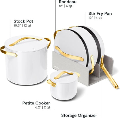 Caraway 24-Piece Nonstick Ceramic Cookware Set - Includes Fry Pans, Sauce, Sauté Pan, Dutch Oven, Petite Cooker, Stir Fry, Rondeau, Stock Pot, Lids & Storage Organizers - White
