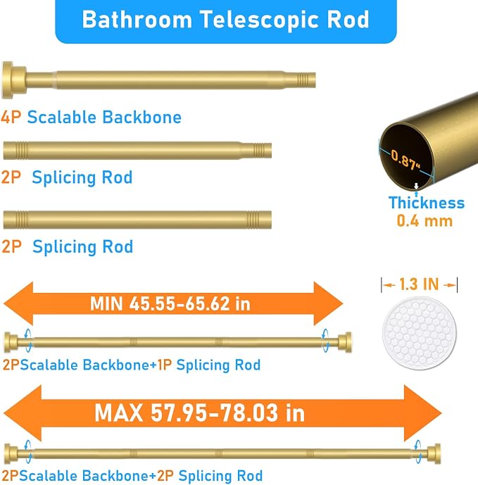 MEXAU 2 Pack Tension Curtain Rod For Window 45-77 Inches Adjustable Expandable Gold Spring Tension Rod Spring Curtain Rods No Drilling Extension Rods Tension Rod for Closet Doorway Kitchen