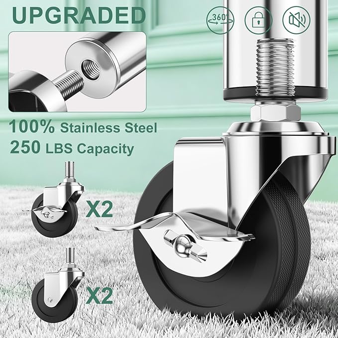100% Stainless Steel Heavy Duty Rolling Clothes Rack with Double Rods for Hanging Clothes, Adjustable & Extendable Metal Clothing Rack, Garment Rack With Wheels Shelf, Sturdy Freestanding Closet Rack