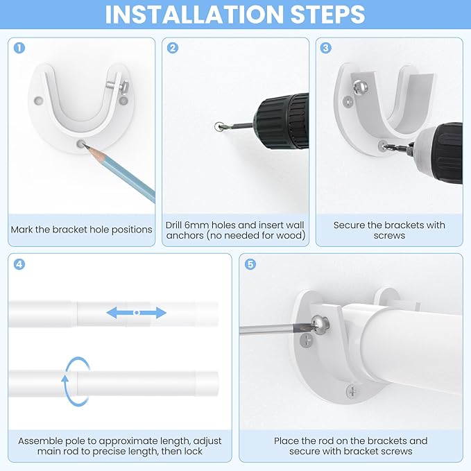 Closet Rods for Hanging Clothes, 17 to 54 Inch Heavy Duty Stepless Adjustable Closet Hanging Rod, 1.3 Inch Diameter Metal Closet Rod for Wardrobes Laundry Bedroom RV, White