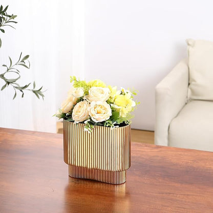 Ribbed Vase, Gold Glass Vase for Flowers, Gold Flower Vases for Tulips, Modern Vases for Living Room, Dining Table, Office, Bedroom, Mantle, Shelf, Wedding, 7 Inch