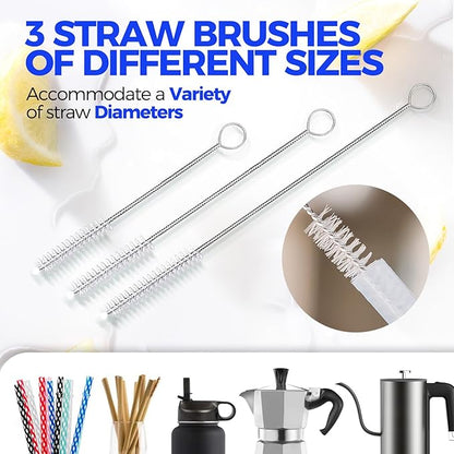 Holikme 5-Piece Bottle Brush Cleaner Set - 14" Stainless Steel Handle, 3 Straw Brushes, Cleans Water Bottles, Cups, Baby Bottles, Black & Grey