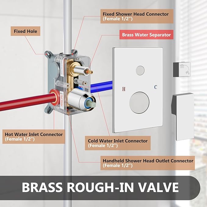 Shower Faucet Set Rainfall Shower System with Square Showerhead and Handle Set Fixture with 2 in 1 Function Handheld Sprayer Wall Mounted Trim Repair Kit Rough-in Valve 8 Inch Polish Chrome
