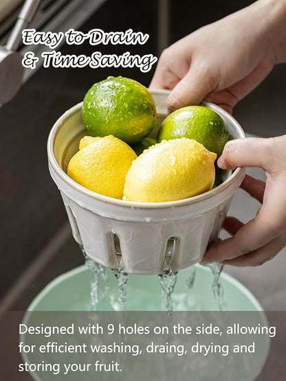 Gomakren Fruit Basket for Kitchen, Fruit Bowl with Holes, Ceramic Berry Basket Set of 2, 5.8 Inch Round Berry Containers Colander - Farmhouse Kitchen Decor, White