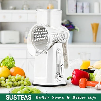 SUSTEAS Rotary Cheese Grater with Handle - Vegetable Shredder with 5 Well-designed Blades & Strong Suction Base,Round Mandoline Slicer & Food Chopper for Kitchen,with Blade Storage Box(White)