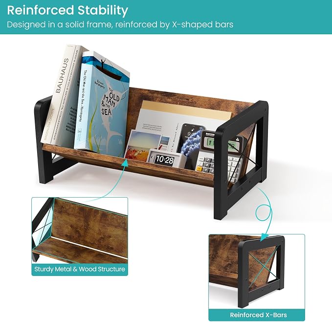 ELITEROO Desktop Bookshelf Organizer, Wood Slanted Desk Bookshelf, Small Tabletop Book Rack, Portable Mini Bookcase for Book Display, Cookbooks, Kids Reading, Office & Home Storage, Rustic Brown