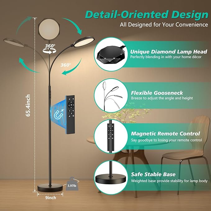 Floor Lamp, 18W Bright LED Floor Lamps for Living Room with Diamond-Surface, Stepless Adjustable Colors & Dimmer Standing Lamp with Timer, Remote & Touch Control, Reading Lights for Bedroom, Office