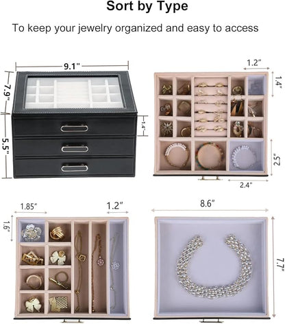 3 Layer Jewelry Organizer Box with Glass Lids & 3 Drawers - Elegant Storage Solution for Necklace, Rings，Earrings, and Bracelets - Perfect for Women ASK-301 (Black)
