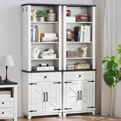 72in Tall Bookshelf 7 Tier Bookcase with Drawer and Barn Doors and Adjustable Shelves, White Farmhouse Book Shelf with Storage Cabinet, Wood Freestanding Display Bookshelves for Kitchen (3PCS)