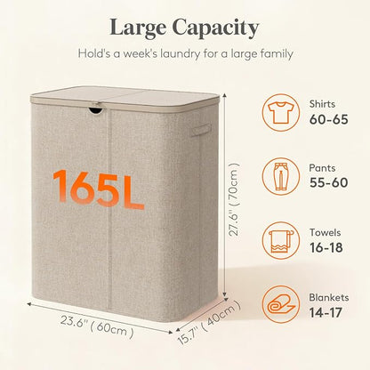 Lifewit 165L 3 Section Laundry Hamper with Lid, Large Laundry Basket with Handles and Removable Bags, Tall Clothes Hamper, Foldable Laundry Sorter for Bedroom Bathroom, Beige
