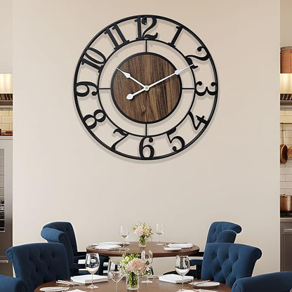 Tixmtry Large Metal Wall Clock, 24 Inch Retro Decorative Silent, Non Ticking, Battery Operated Modern Big Wood Wall Clock for Living Room, Farmhouse, Bedroom, Fireplace, Kitchen, Office, Home Decor