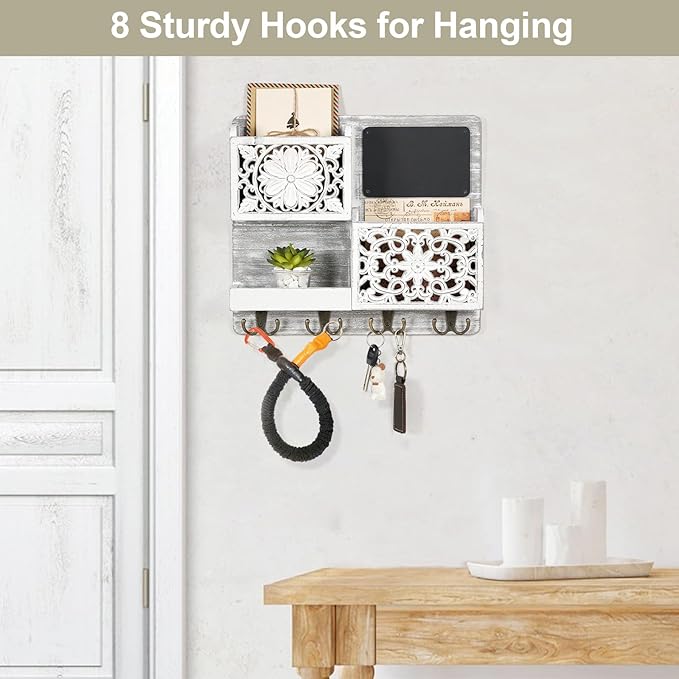 Mail Organizer Wall Mounted, 2 Slots Key Holder for Wall with 8 Hooks, Rustic Wood Key Rack with Shelf for Entryway Hallwall Farmhouse