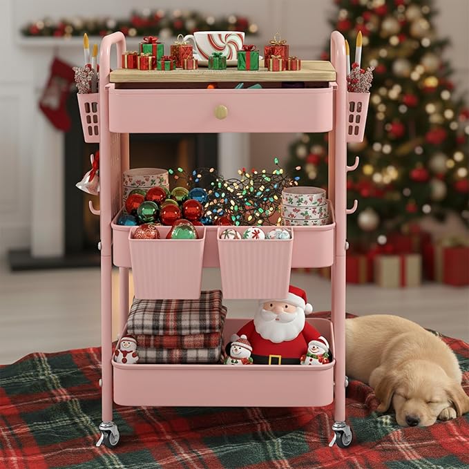 danpinera 3 Tier Rolling Cart, Metal Storage Cart with Drawer, Wooden Tabletop & DIY Pegboards, Utility Carts on Wheels with Hooks & Hanging Cups, Mobile Storage Organizer Trolley for Kitchen, Office