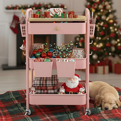 danpinera 3 Tier Rolling Cart, Metal Storage Cart with Drawer, Wooden Tabletop & DIY Pegboards, Utility Carts on Wheels with Hooks & Hanging Cups, Mobile Storage Organizer Trolley for Kitchen, Office
