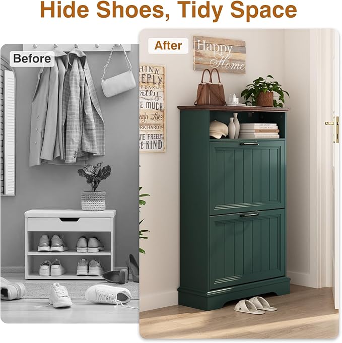 Shoe Storage Cabinet with 2 Flip Drawers, 24" W Farmhouse Modern Hidden Shoes Rack Cabinet with Adjustable Shelves & Open Storage, Narrow Slim Shoe Organizer for Front Door Entrance, Entryway, Green
