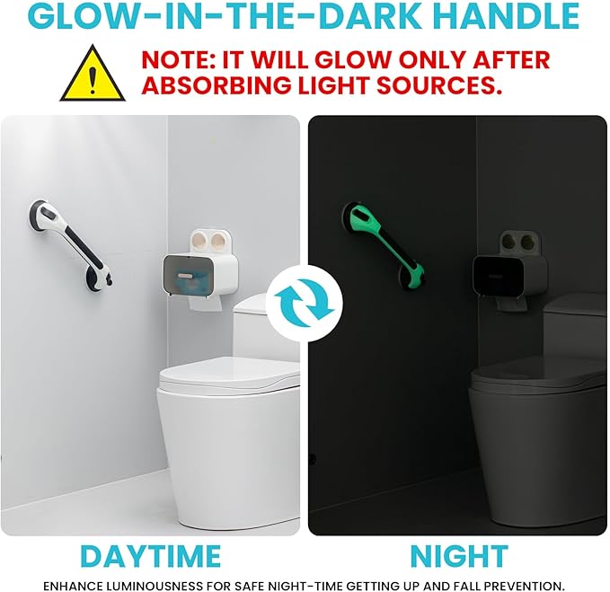 TAILI Shower Grab Bar Glow in The Dark, 2 Pack 16.8 in Grab Bars for Bathtubs and Showers, Shower Handle Shower Rail for Seniors and Elderly,Bathroom Safety Grip Removable No Drilling Waterproof Black