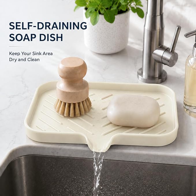 MicoYang Silicone Soap Dish with Drain Spout — Self-Draining Sink Organizer Tray for Bathroom & Kitchen, Sponges, Dispensers & Soap Holder, Non-Slip & Dishwasher Safe, Tapioca (Medium, 9.6"×5.3")