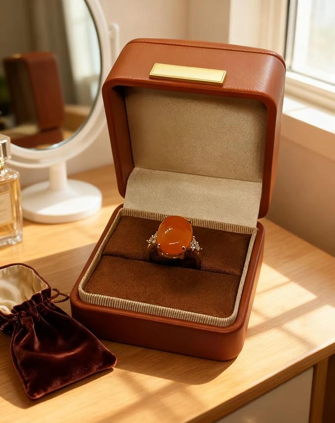 Ring Box Storage Premium Gorgeous Cherished Vintage Brown Square Leather Velvet Ring Box Double Slots Storage, Wedding Engagement, Jewelry Ring Bearer, Anniversary (Autumn Ember Brown)