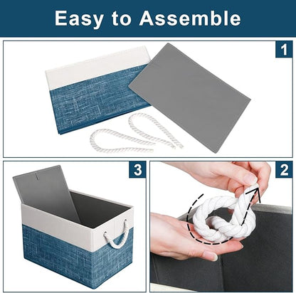 Fab totes Storage Bins [3-Pack], Foldable Storage Baskets for Organizing Toys, Books, Shelves, Closet, Large Storage Box with Rope Handles, Sturdy Organizer Bins, White & Blue