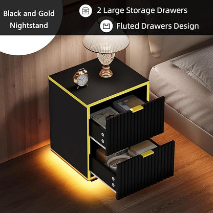 4ever2buy Black and Gold Nightstand Set of 2, Modern Bedside Table with LED Lights, End Table for Bedroom Living Room