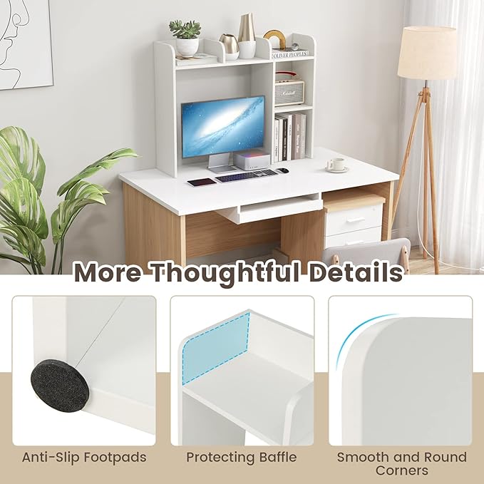 Desk Hutch, Desktop Shelf with 5 Shelves, Desk Bookshelf w/Anti-Toppling Devices, Wood Table Top Bookshelf Organizer, Small Desk Shelf for Study, Office, Dorm (White, 5 Shelves)
