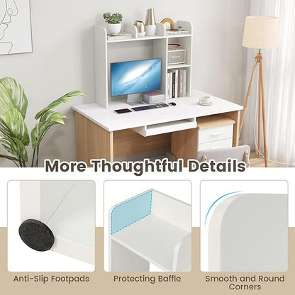 Desk Hutch, Desktop Shelf with 5 Shelves, Desk Bookshelf w/Anti-Toppling Devices, Wood Table Top Bookshelf Organizer, Small Desk Shelf for Study, Office, Dorm (White, 5 Shelves)