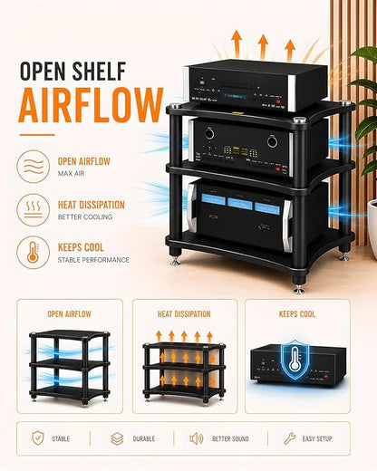 Heavy Duty Audio Component Rack, Large Storage Space AV Media Stand with Shock-Absorbing Foot pegs, Audio Rack Tower CD Player Stand for Home/Office/Audio Video/Theate (Teak, 3rd)