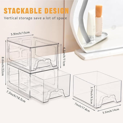 4 Pack Stackable Makeup Organizer, 4.4'' Tall Acrylic Bathroom Makeup Organizer and Storage Drawer with Pull-out Handle, Clear Plastic Storage Bins for Vanity,Pantry,Desk,Undersink,Kitchen