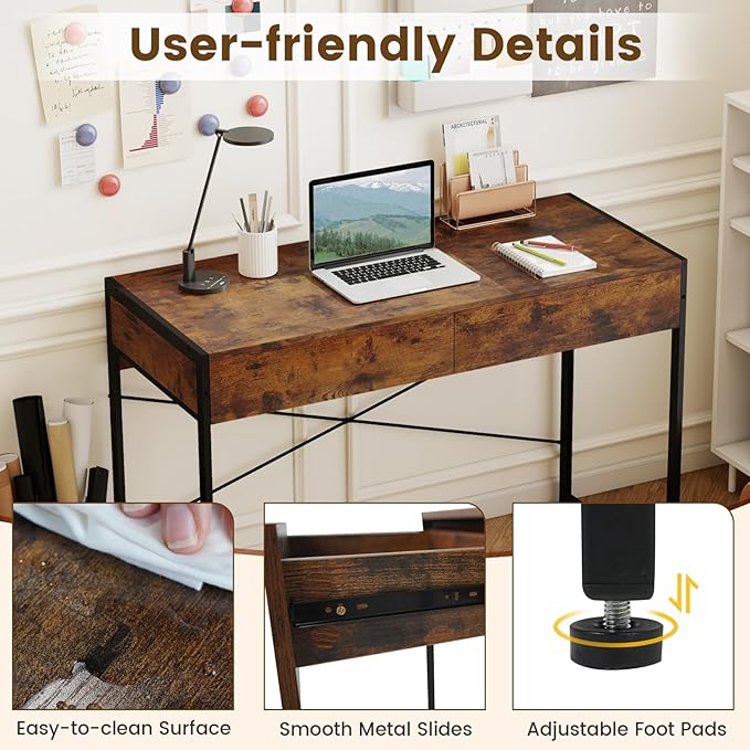 GOFLAME Modern 2-Drawer Computer Desk, Home Office Desk w/Reinforced Heavy-Duty Metal Frame, Versatile Study Writing Desk w/Anti-Tip Kit, Ideal for Bedroom, Study, Office, Small Spaces, Rustic Brown