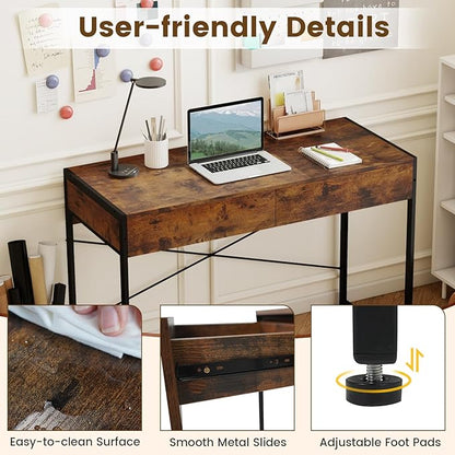 GOFLAME Modern 2-Drawer Computer Desk, Home Office Desk w/Reinforced Heavy-Duty Metal Frame, Versatile Study Writing Desk w/Anti-Tip Kit, Ideal for Bedroom, Study, Office, Small Spaces, Rustic Brown