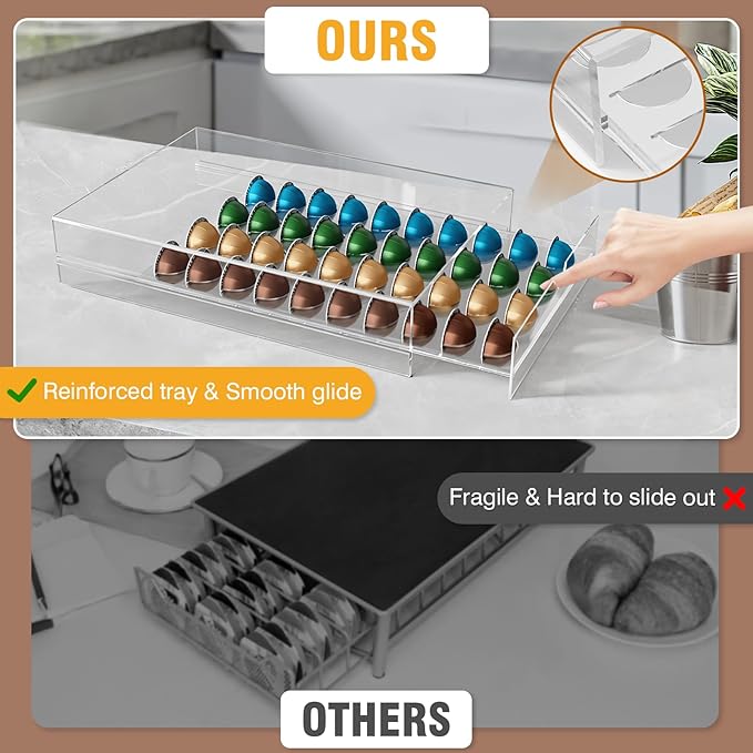 Jumyee Acrylic Coffee Pod Holder Storage Drawer, Clear 40 Pods Coffee Capsule Organizer for Countertop, Pod Holder for Coffee Pod and Espresso Machines