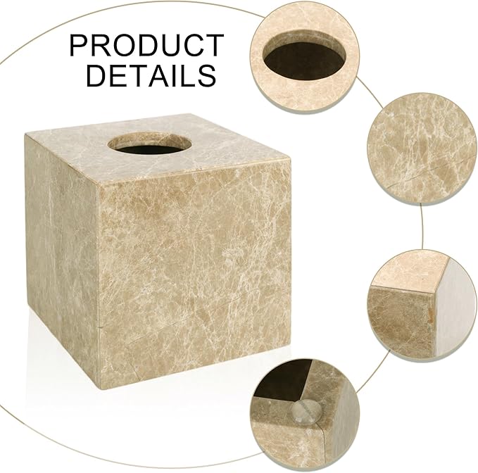 N NANSHOP Natural Marble Tissue Box Holder Cover, Square Cube Tissue Box Holder with Open Bottom for Bathroom Vanity Tops, Bedroom Dressers, Kitchen Countertop, Light Brown (NS042)