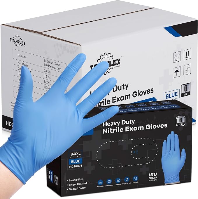 TitanFlex Nitrile Exam Gloves, Blue, 6-mil, Heavy Duty Nitrile Gloves, Mechanic Disposable Gloves, Latex Free, Powder Free