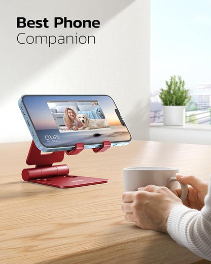 Nulaxy Dual Folding Cell Phone Stand, Fully Adjustable Foldable Desktop Phone Holder Cradle Dock Compatible with iPhone 17 16 15 14 13 12 11 Pro Max Xs Xr X 8, Nintendo Switch, All Phones - Red