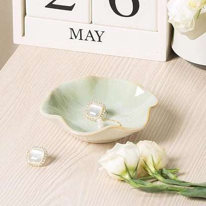 2Pcs Ceramic Jewelry Dish - Lotus Leaf Shape, for Ring Holder Necklace Small Key, Suitable for Mother Friend Sister, Gifts for Women, Cute Plate Trinket Tray, Home Decor (Pink & Green)