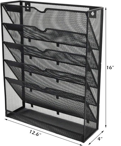 EASEPRES Desk File Organizer Mesh 6-Tier, Hanging Wall Mount Document Organization Stand, Desktop Vertical Mail Paper Folder Holder Rack with Bottom Tray for Office Home Cubicle, Sides Closed, Black