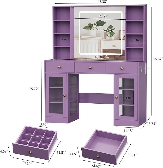 Purple Vanity Desk with Mirror and Lights, Glass Top Vanity with Lighted Mirror & RGB Cabinet and 3 Drawers, Dressing Table with 8 Shelves, Makeup Desk with Lights for Girls Bedroom, 3 Color Modes