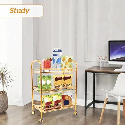 Gold 3 Tier Rolling Cart,Side Table with Wheels, Stainless Steel Trolley cart,End Table Living Room Coffee, Snack, and Bar, Easy Assembly Organizer Storage
