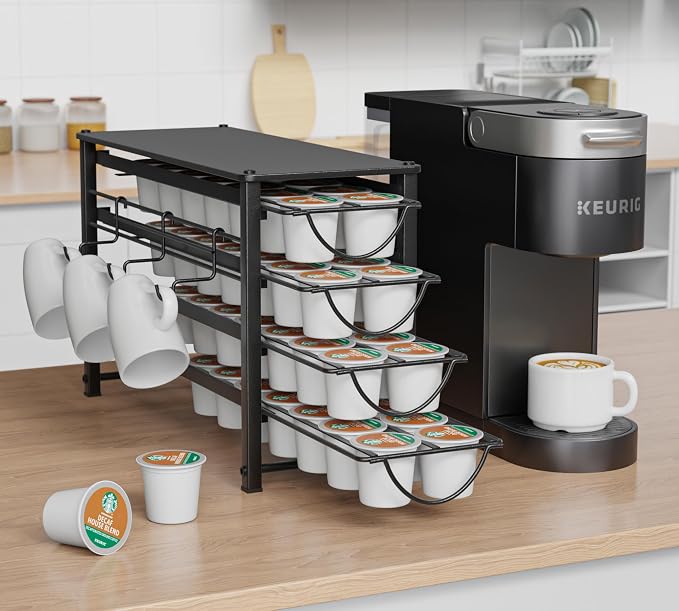 HFHOME Coffee Pod Organizer for Countertop, 4-Tier Metal Storage Drawer, Holds 56 Capsules, Coffee Station Holder for Kitchen, Office, or Home, 3 cup rack, Black