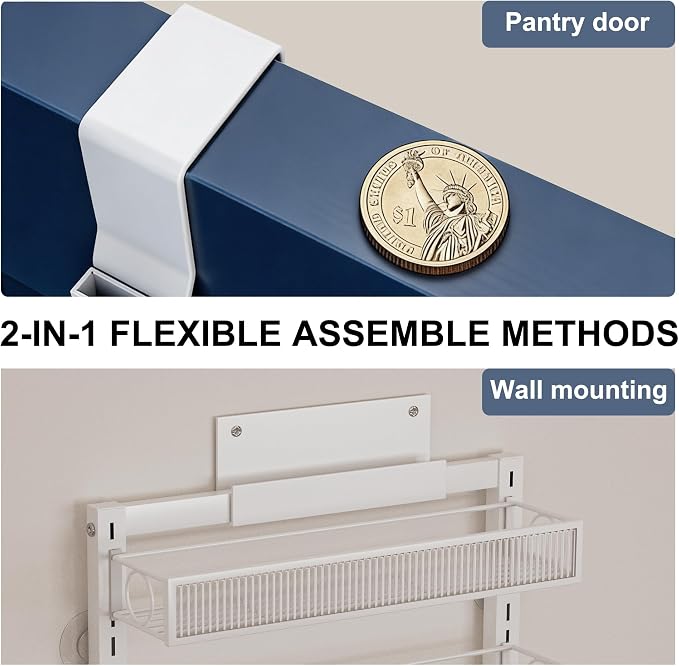 Over the Door Pantry Organizer 6 Tier Hanging or Wall Mounted Spice Rack with Adjustable Basket,Heavy Duty Metal Seasoning Organizer Shelf for Kitchen Pantry and Bathroom