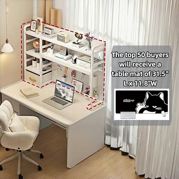 Desktop Bookshelf, pegboard Storage and Organization Rack, Dorm Desk Shelf, Desk Hutch, Desktop Storage for Office, Study, Student Display Rack,Desktop Shelves (White 37.4" Lx9.9 Wx34 H)