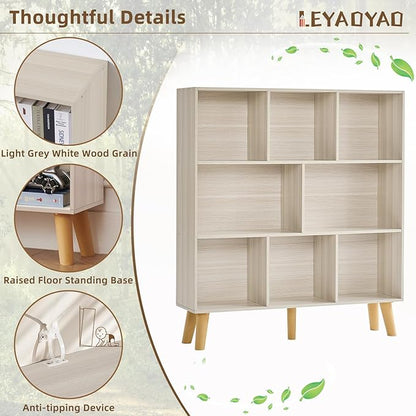 LEYAOYAO 8 Cube Bookshelf,3 Tier Bookcase with Legs,Light Grey White Mid-Century Modern Bookshelves,Large Open Storage Organizer Shelf, Wooden Book Case
