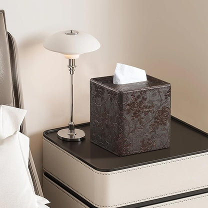 Square Tissue Box Cover, Stylish Leather Tissue Box Holder with Magnetic Bottom, Used As A Decorative Tissue Holder for Living Rooms, Bedrooms, and Desks (Brown Grape Pattern)