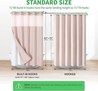Long No Hooks Needed Linen Textured Shower Curtain with Snap-in Fabric Liner Set,Blush Hotel Luxury Decor Shower Curtains for Bathroom,Waterproof & Washable,71Wx80H