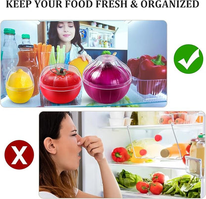 Vegetable and Fruit Storage Containers for Fridge, 4 Pcs BPA Free Reusable Food Saver - Tomato, Garlic, Onion, Lemon Keeper Holder - Refrigerator Vegetable Crisper Makes Food Stays Fresh Longer