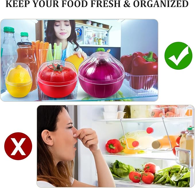 Vegetable and Fruit Storage Containers for Fridge, 3 Pieces BPA Free Reusable Food Saver - Tomato, Lemon, Onion Keeper Holder - Refrigerator Vegetable Crisper for Keeping Food Fresh Longer