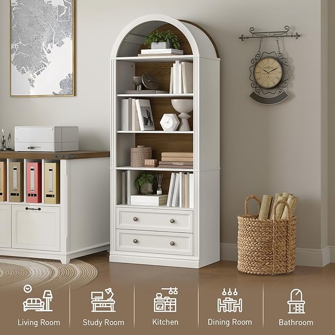 Farmhouse Arched Bookshelf Set of 2, 7 Tiers Arch Bookcase with 2 Spacious Drawers, Modern Book Shelf with Open Display Shelves and Storage Cabinet, for Office, Living Room, Walnut and White