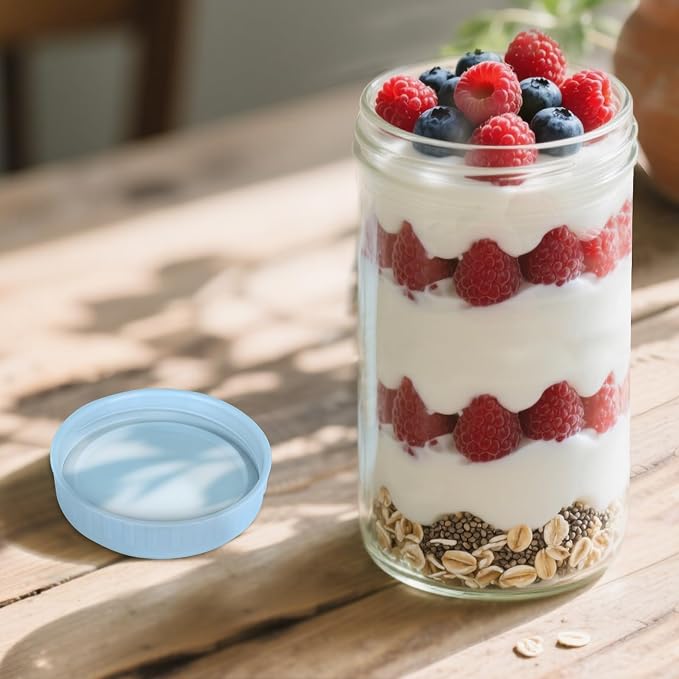 SHOWIN Overnight Oats Containers with Lids, 24oz Glass Jars with Lids 8 pcs, Light Blue, Wide Mouth Mason jars for Salad, Yogurt, Snacks, Meal Prep