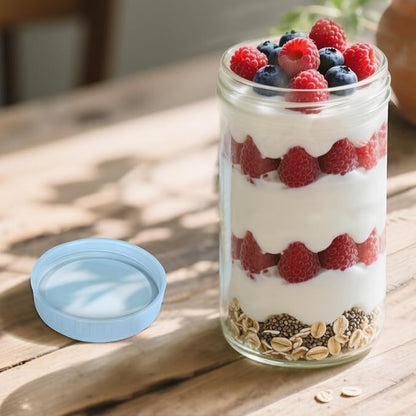 SHOWIN Overnight Oats Containers with Lids, 24oz Glass Jars with Lids 4 pcs, Light Blue, Wide Mouth Mason jars for Salad, Yogurt, Snacks, Meal Prep
